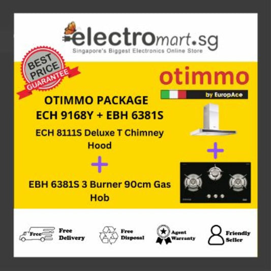 EuropAce Otimmo ECH 9168Y + EBH 6381S 90cm Premium T-Shaped Chimney Hood + 3 Burner 90cm Gas Hob