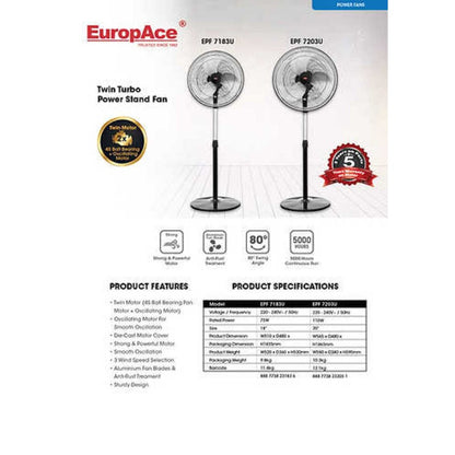 EuropAce EPF 7183U Twin Turbo Power Stand Fan 18 inch