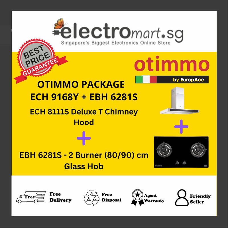 EuropAce Otimmo Package ECH 9168Y + EBH 6281S - 2 Burner (80/90) cm Glass Hob (PUB / LPG) + 90cm Premium T-Shaped Chimney Hood (1600m3/hr)