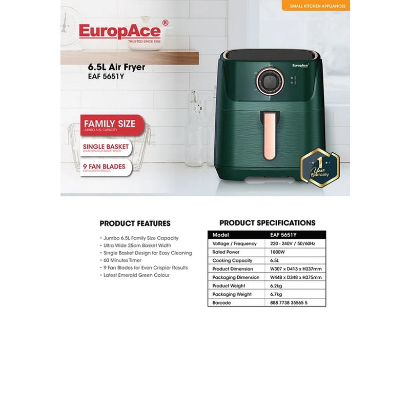 EuropAce EAF 5651Y   Air Fryer Emerald Green Jumbo 6.5L