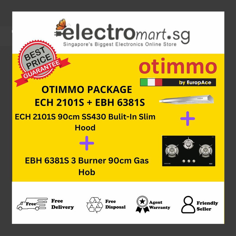EuropAce Otimmo Package ECH 2101S + EBH 6381S 3 Burner 90cm Gas Hob - Black + 90cm SS430 Bulit-In Slim Hood