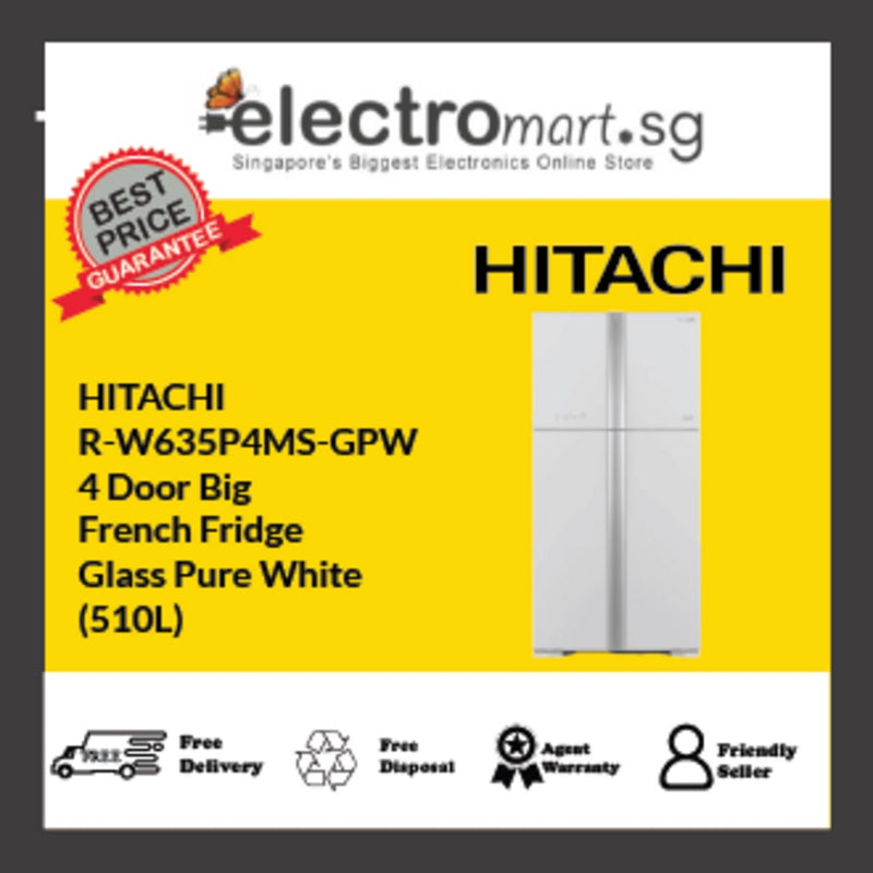 Hitachi R-W635P4MS-GPW Big French 4 Door Fridge Glass Pure White 510L
