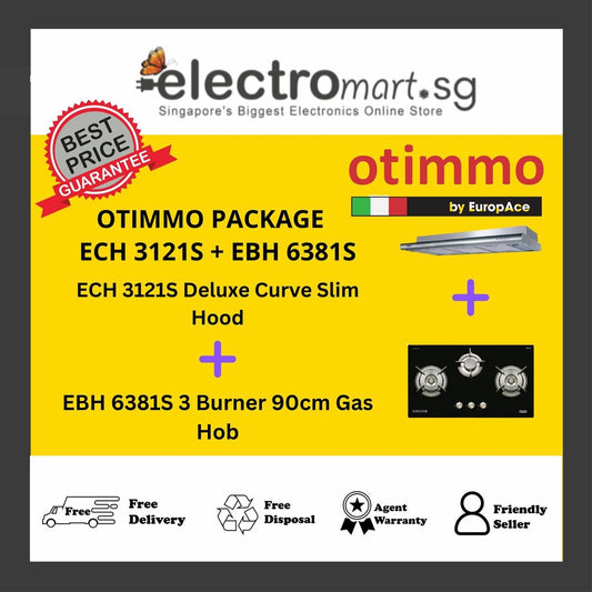 EuropAce Otimmo Package ECH 3121S + EBH 6381S 3 Burner 90cm Gas Hob - Black + Deluxe Curve Slim Hood 90cm
