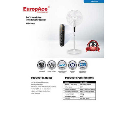 EuropAce ESF 6160W Stand Fan w Remote Control 16 inch