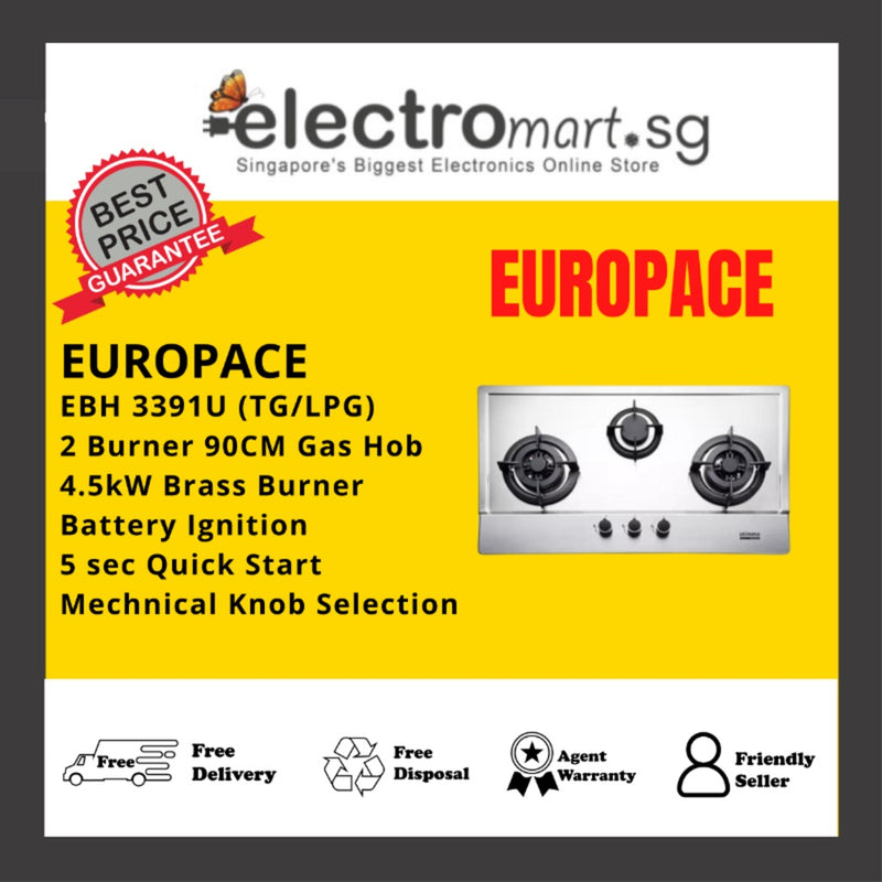 EUROPACE EBH 3391U (TG/LPG) 3 Burner 90cm Slim Gas Cooker Hob (Stainless Steel)