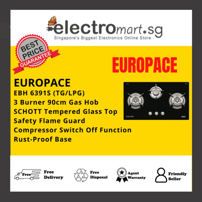 EUROPACE Otimmo EBH 6391S (TG/LPG) 3 Burner 90cm Slim Gas Cooker Hob (Schott Glass)
