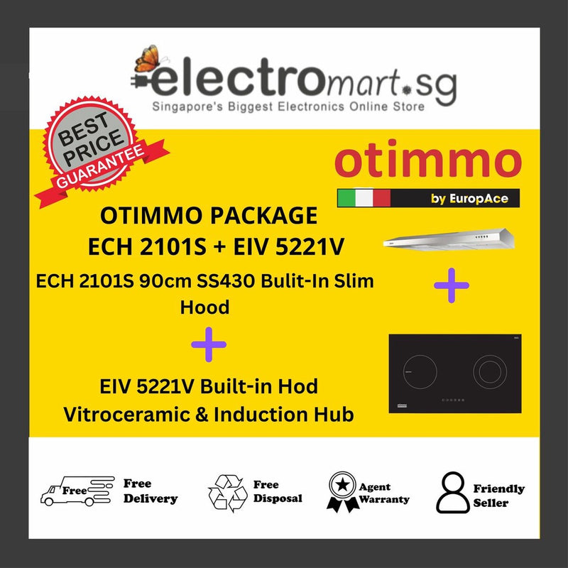 EuropAce Otimmo Package ECH 2101S + EIV 5221V Built-in Hod Vitroceramic & Induction Hub + 90cm SS430 Bulit-In Slim Hood