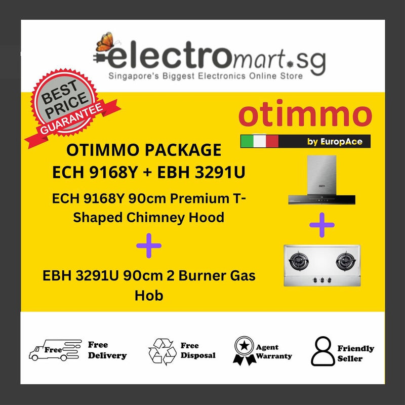 EuropAce Otimmo Package ECH 9168Y + EBH 3291U 90cm 2 Burner Gas Hob + 90cm Premium T-Shaped Chimney Hood (1600m3/hr)