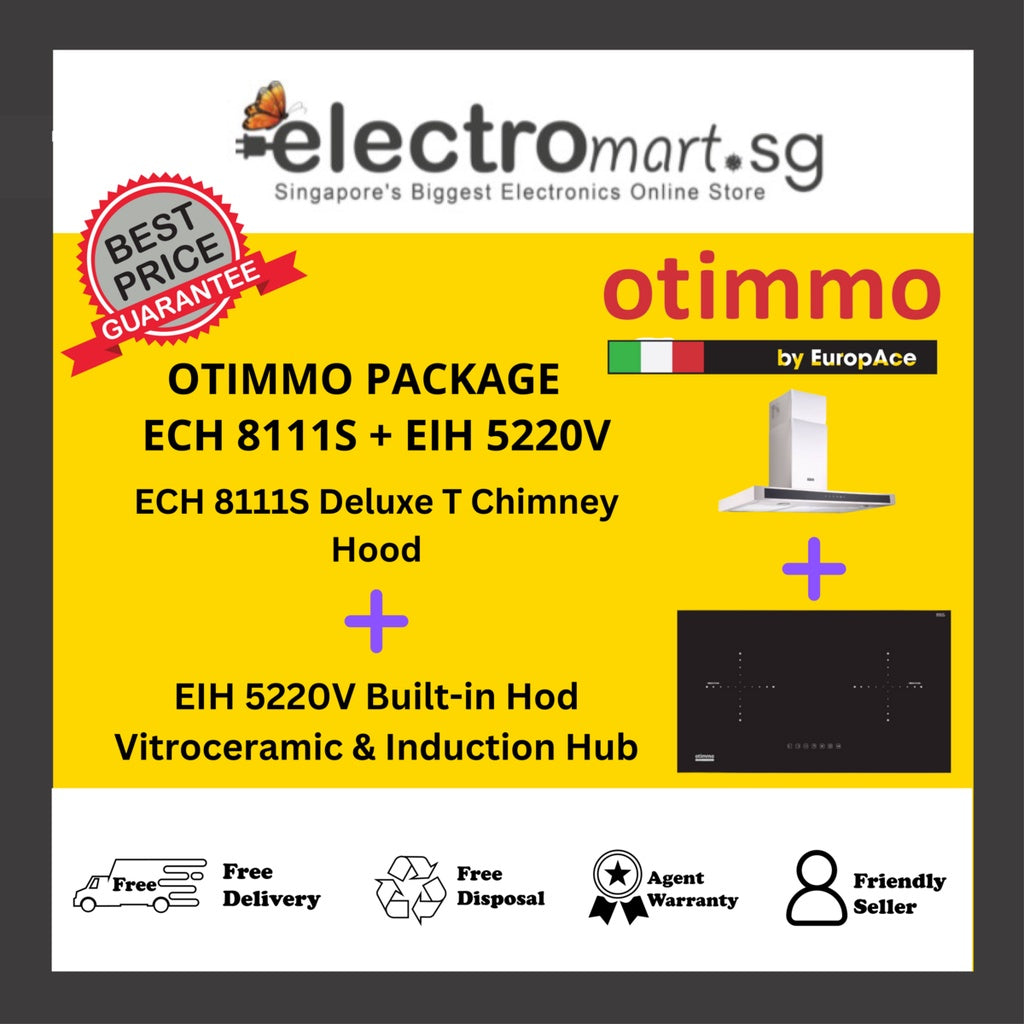 EUROPACE Otimmo ECH 8111S + EIH 5220V Deluxe T Chimney Hood + Built-in Hod Vitroceramic & Induction Hub