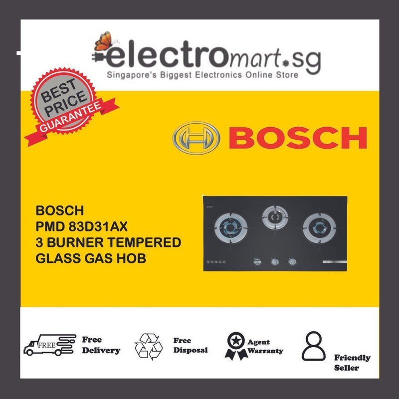 BOSCH 78CM 3 BURNER TEMPERED GLASS GAS HOB SERIES 4 PMD83D31AX (BLACK) - EXCLUDE INSTALLATION