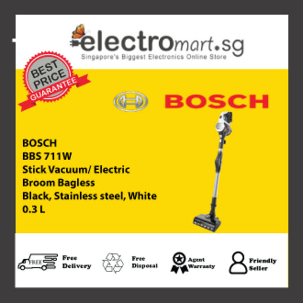 BOSCH BBS 711W BBS stick vacuum/electric broom Bagless 0.3 L Black, Stainless steel, White