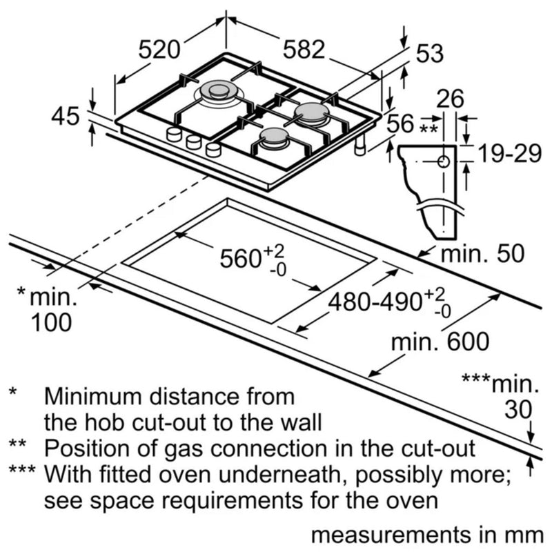 BOSCH 60CM 3 BURNER GAS HOB SERIES 6 PCC6A5B90K (STAINLESS STEEL) - EXCLUDE INSTALLATION