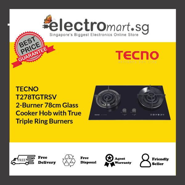 TECNO T278TGTRSV 2-Burner 78cm Glass  Cooker Hob with True  Triple Ring Burners