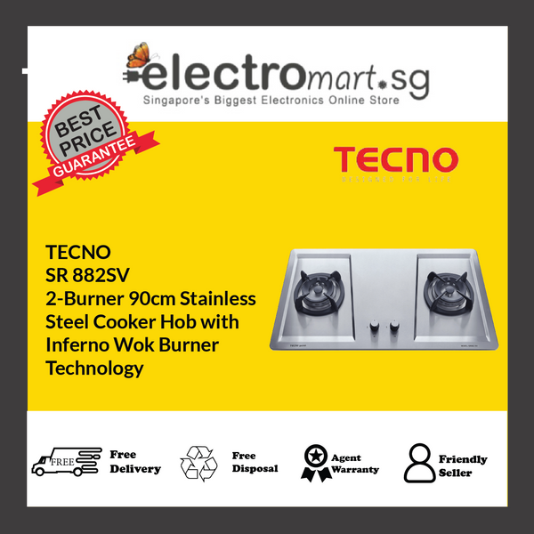 TECNO SR 882SV 2-Burner 90cm Stainless  Steel Cooker Hob with  Inferno Wok Burner  Technology