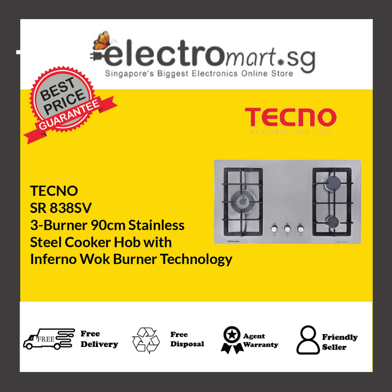 TECNO SR 838SV 3-Burner 90cm Stainless  Steel Cooker Hob with  Inferno Wok Burner Technology