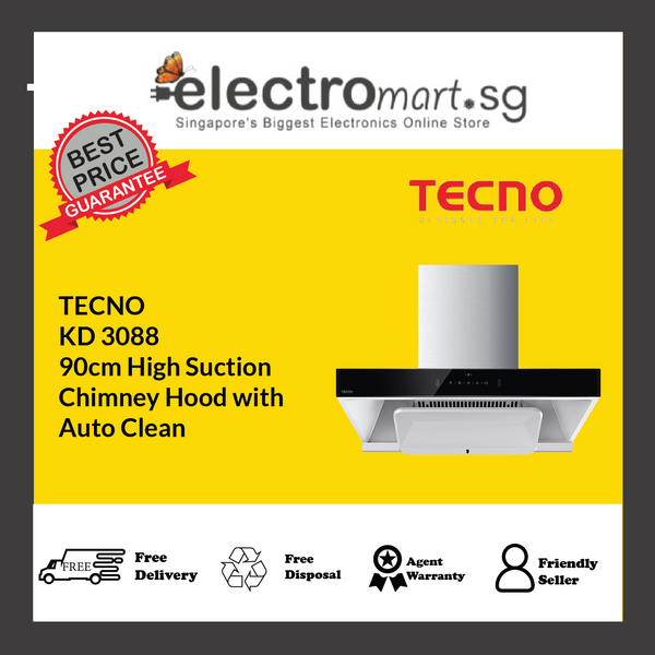 TECNO KD 3088 90cm High Suction  Chimney Hood with  Auto Clean