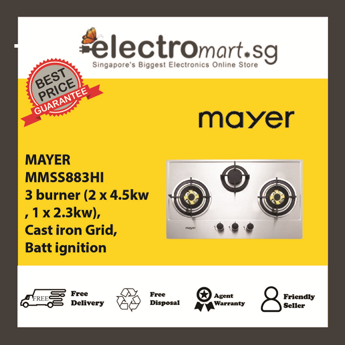 Mayer 86 cm 3 Burner Stainless Steel Gas Hob MMSS883HI