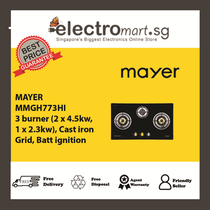 Mayer 78 cm 3 Burner Glass Gas Hob MMGH773HI