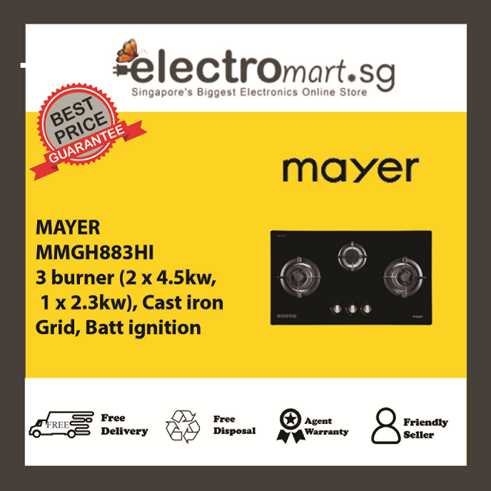Mayer 86 cm 3 Burner Glass Gas Hob MMGH883HI