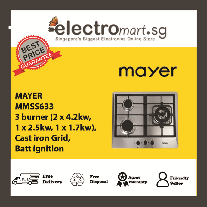 Mayer 60cm 3 Burner Stainless Steel Gas Hob MMSS633
