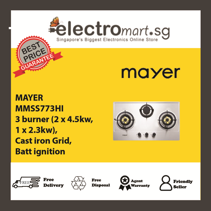 Mayer 75 cm 3 Burner Stainless Steel Gas Hob MMSS773HI
