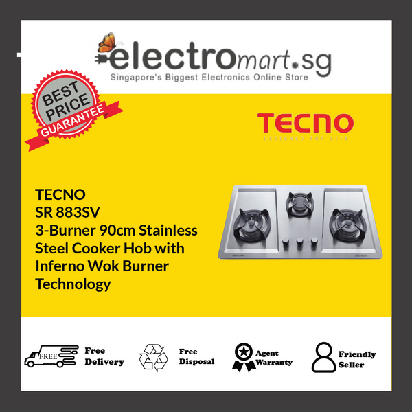 TECNO SR 883SV 3-Burner 90cm Stainless  Steel Cooker Hob with  Inferno Wok Burner  Technology
